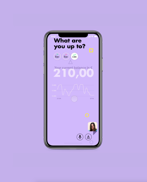 A smartphone displaying a financial app interface on a purple background. The screen shows a question ‘What are you up to?’ at the top, followed by a graph depicting financial activity with peaks and valleys. Below the graph, there is a display of the current balance in euros, ‘€210,00’. At the bottom of the screen are navigation icons for home, search, transactions, and profile settings.